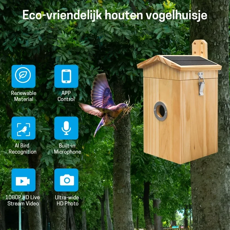 Intelligente Vogelfutterstation, Käfigbox aus Holz, eichhörnchensicher, Wasser außen, 180-Fenster, Metall, Holz, Kunststoff, mit Kamera, summender Vogelfutterstation