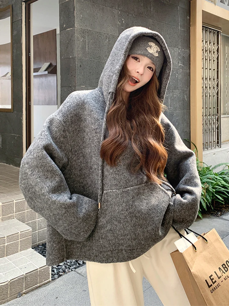 

Двусторонняя шерстяная толстовка-худи для женщин, свободный крой, в корейском стиле, утепленная, с длинными рукавами, однотонная