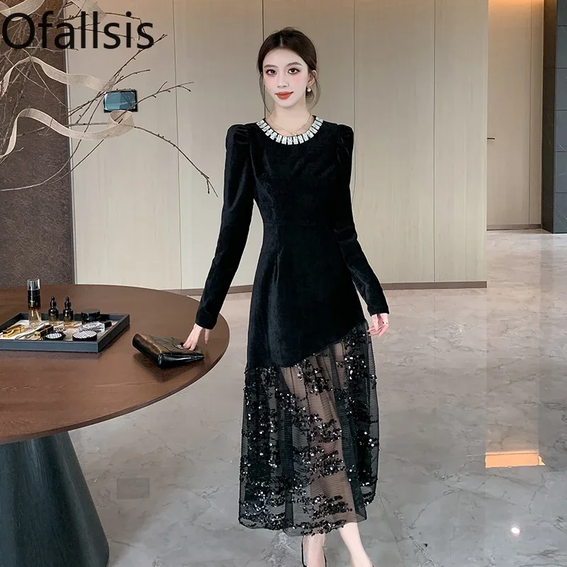 Ofallsis Black Velvet Dress 2024 Autumn Winter French Temperament High end Mesh Splicing Hepburn Sequins Inner Bottom Dresses