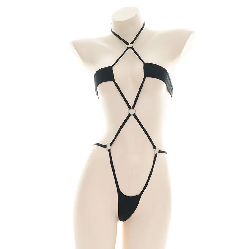 Maillot de bain une pièce noir avec anneau d\'anime, Sexy, Slim, trois points, taille basse, ajouré, sous-vêtements dos nu, Costume Cosplay pour