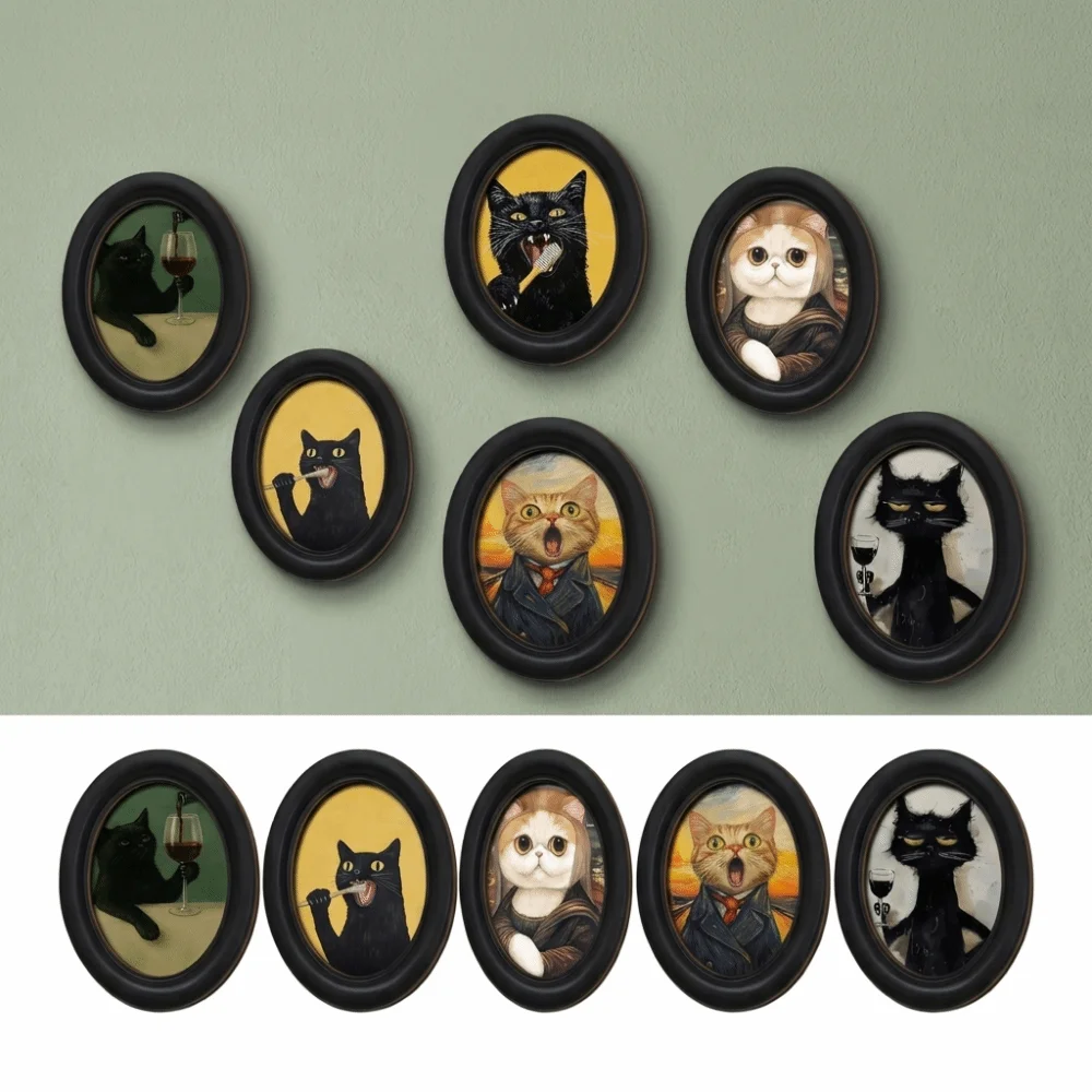 2D Abstract Wall Art Oval Shaped Wooden Oval Wall Decoration Black Frame Adhesive Mounting Cat Portrait Decor Gallery Decor