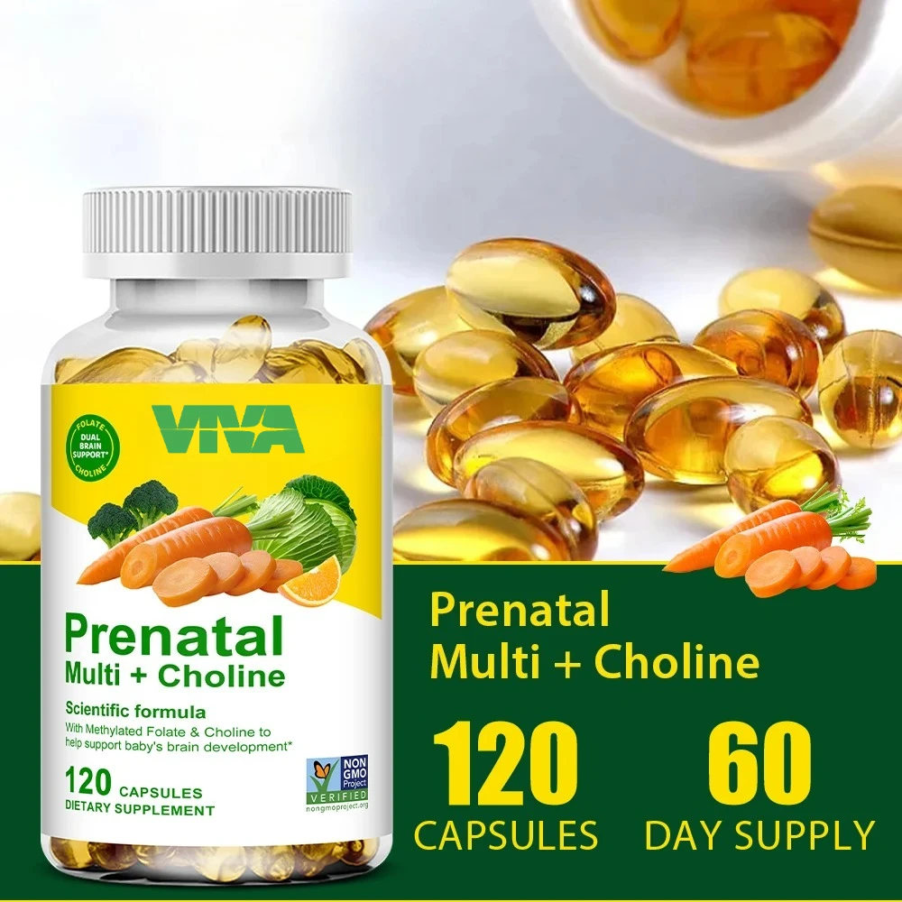 Prenatal Multivitamin + Choline Capsules, with Methylated Folate and Choline, To Help Support Baby's Brain Development