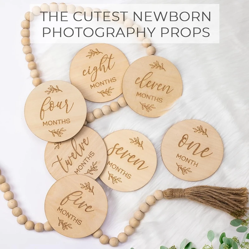 7  Double Sided Wooden Circles Discs Newborn Memento Milestone Baby Monthly Milestone Cards Sign