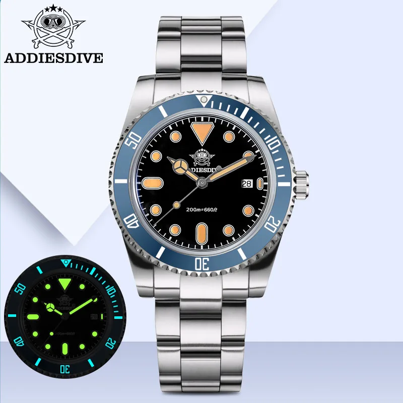 ADDIESDIVE New Luxury Men's Watch 200m Retro C3 Super Luminous Bubble Mirror Glass Ceramic Bezel Japan 2115 Quartz Watch For Men
