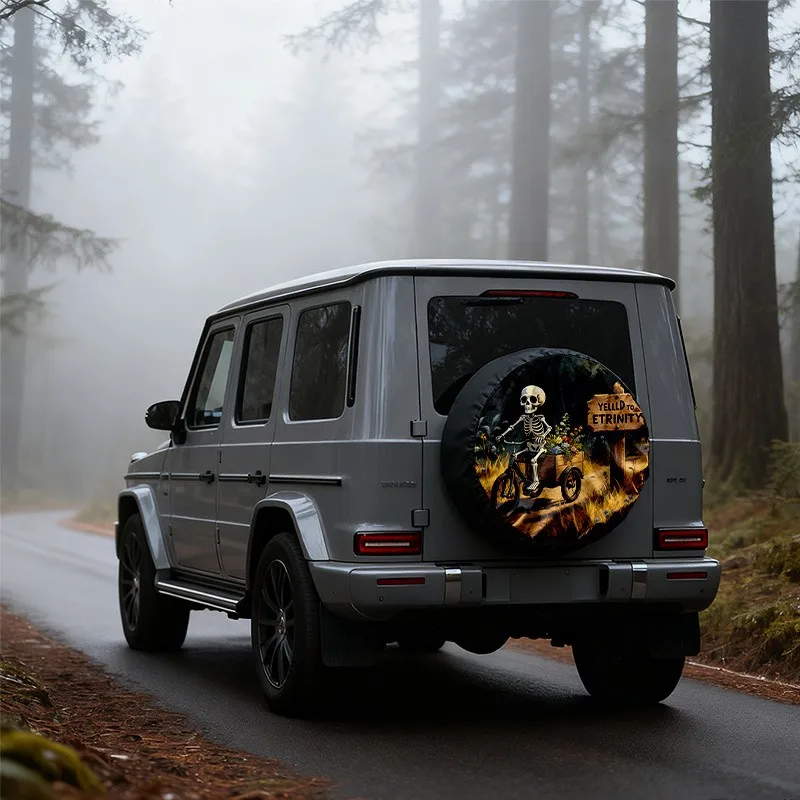 Skeleton Biker Tire Cover Unique Polyester Dustproof Protection for SUV Trailer Decoration