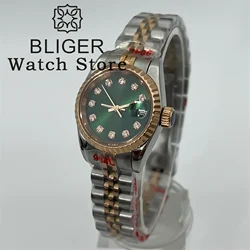 BLIGER 26mm Silver rose gold Mechanical Watch For Women NH05 Movement Green Dial Rose Gold Diamond Index Date Sapphire Glass