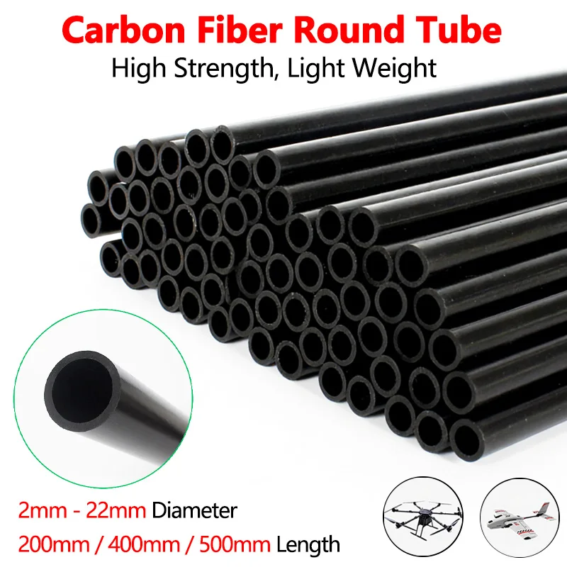 Carbon Fiber Tube Round Pipe Hollow Rod Bar Dia 2-22mm Pultruded for RC Model Airplane Drone & DIY Crafts 200/400/500mm Length