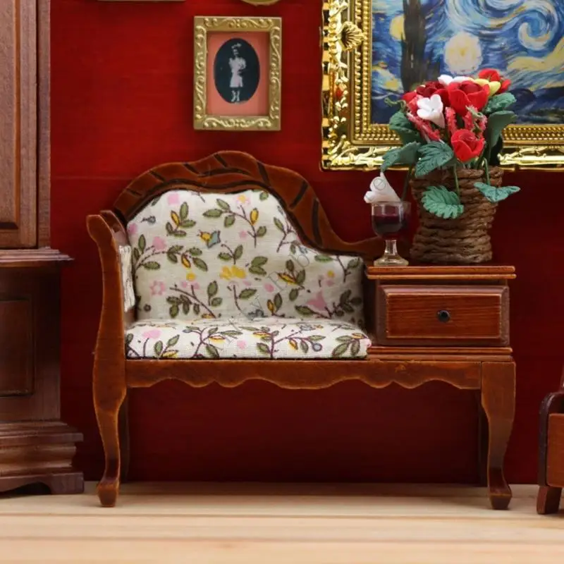 

New 1/12 Scale Doll House European Miniature Wooden Floral Armchair with Drawer Mini Lounge Model For Dollhouse Furniture