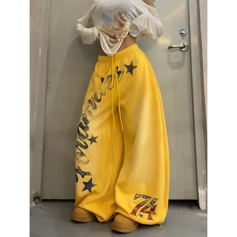 2026 American Style Vintage Gradient Letter Print Casual Wide Leg Pants Loose Fit Hip Hop Jazz Dance Women Fashionable Trousers