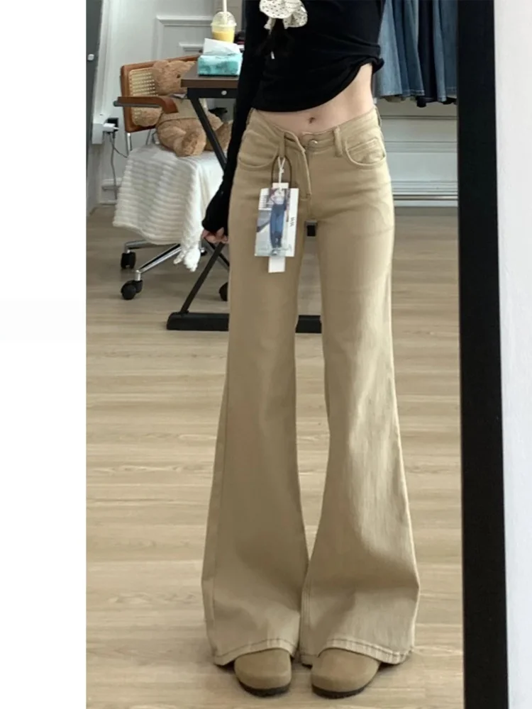 كاكي Fce مبطن متوهج الجينز المرأة منخفضة الخصر التخسيس Bootcut السراويل مريحة للتنفس ارتداء مقاومة لينة تمتد