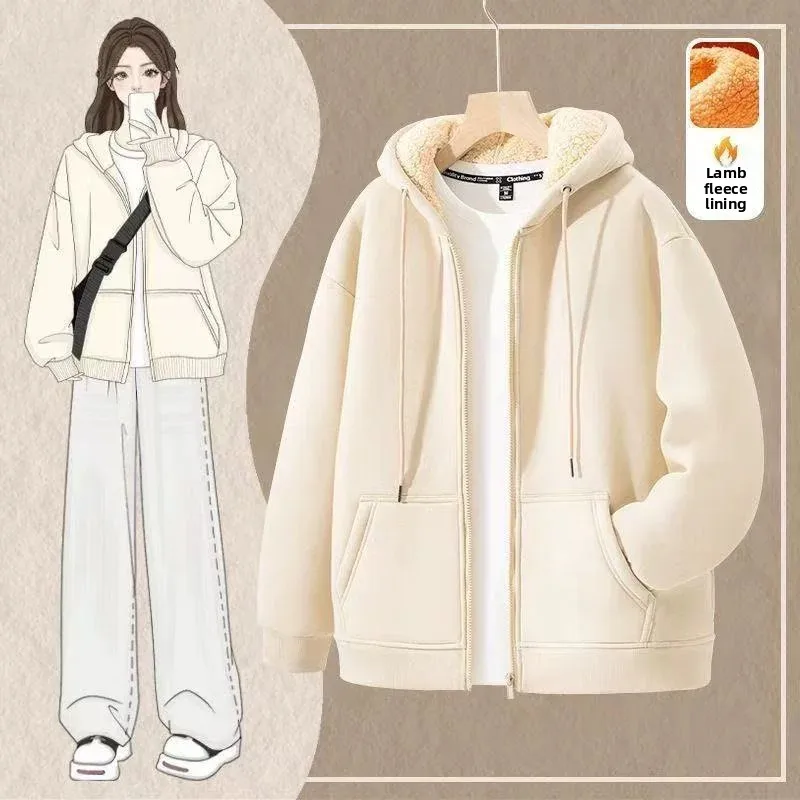 Women's Hooded Open Cardigan Sweatshirt Thickened Lamb Velvet Loose plus Size Autumn Winter Warm Outerwear Casual Streetwear