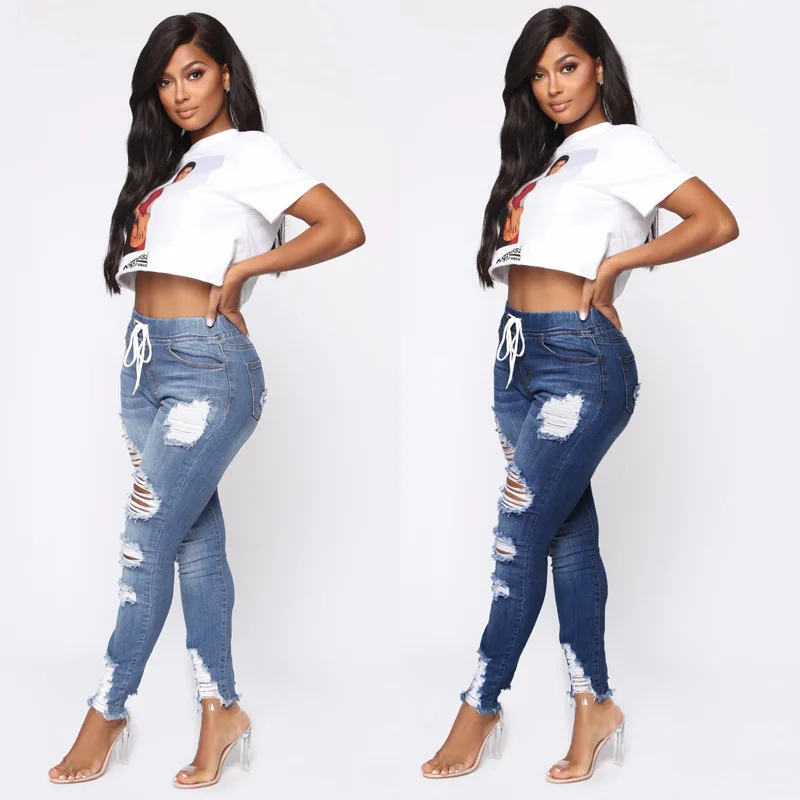 

Hot selling spring and autumn fashion slim fit elastic waist high waist lace-up women's ripped jeans sexy hot girl pencil pants