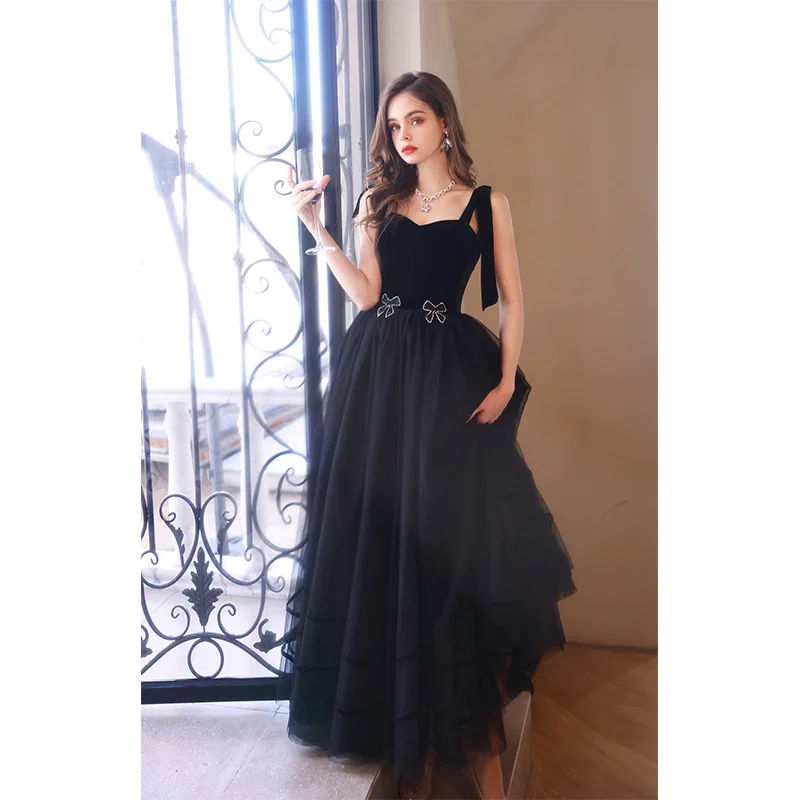 Women Backless Long A-Line Tulle Prom Gown Floor Length robes de soirée Sexy Black Spaghetti Strap Bow Evening Dress