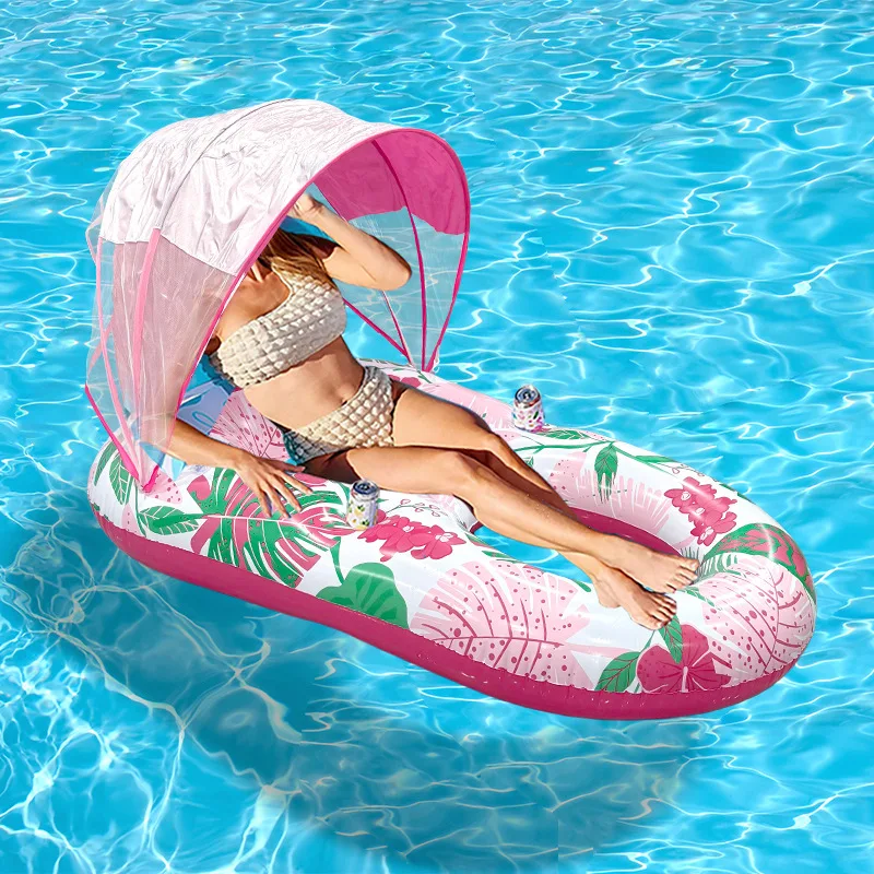 

2026 New Summer Inflatable Float With Sunshade Foldable Water Lounge Chair With Cup Holder Pool Floating Bed Beach Toy