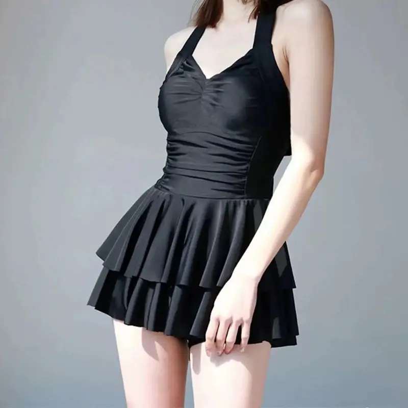 Women's Sexy Lace-up Ruffle One Piece Swimsuit Elegant Sweet V Neck Sleeveless Swimwear Fairy Solid Slim Vacation Beach Dresses