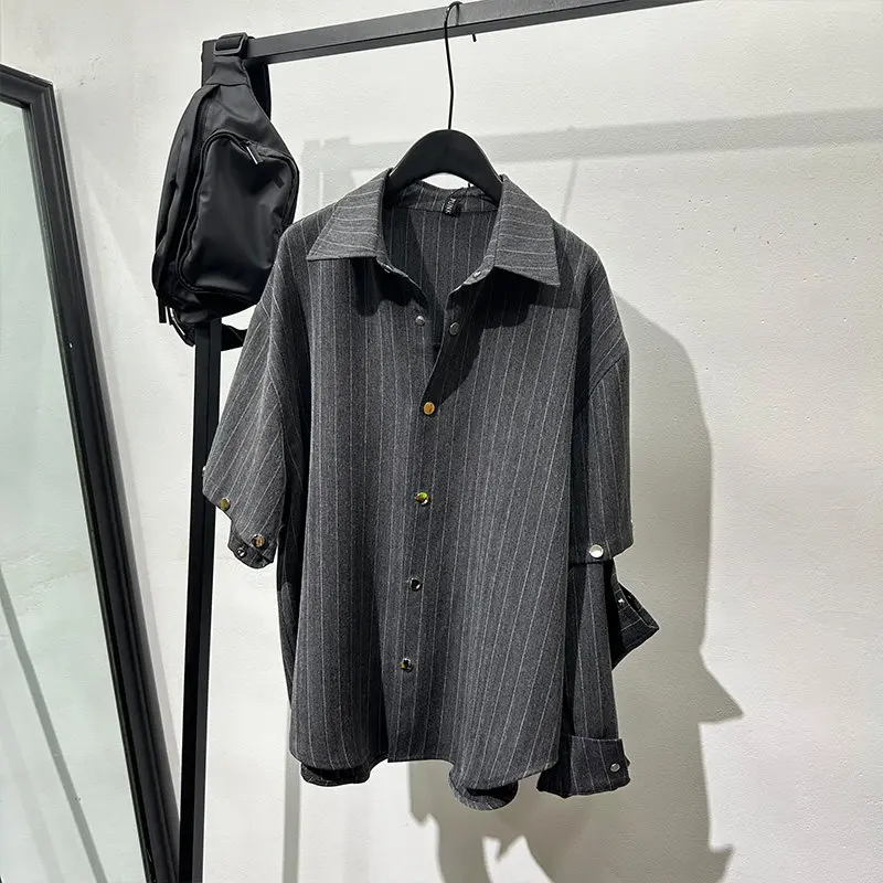 Pu Shuai Fashionable High-End Gray Striped Loose Long-Sleeved Shirt Detachable Sleeves Patchwork Retro Temperament Top