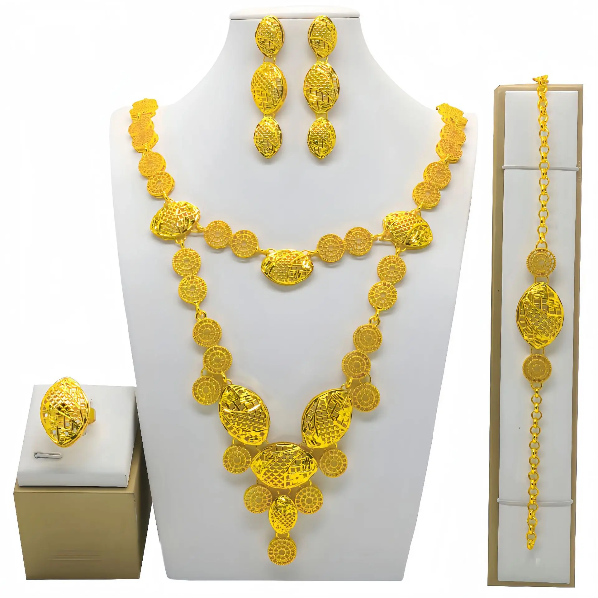 Imagem -04 - Conjunto de Jóias para Mulheres Colar Banhado a Ouro 24k Brincos Anel Pulseiras Joias para Mulheres Indianas Bu10257