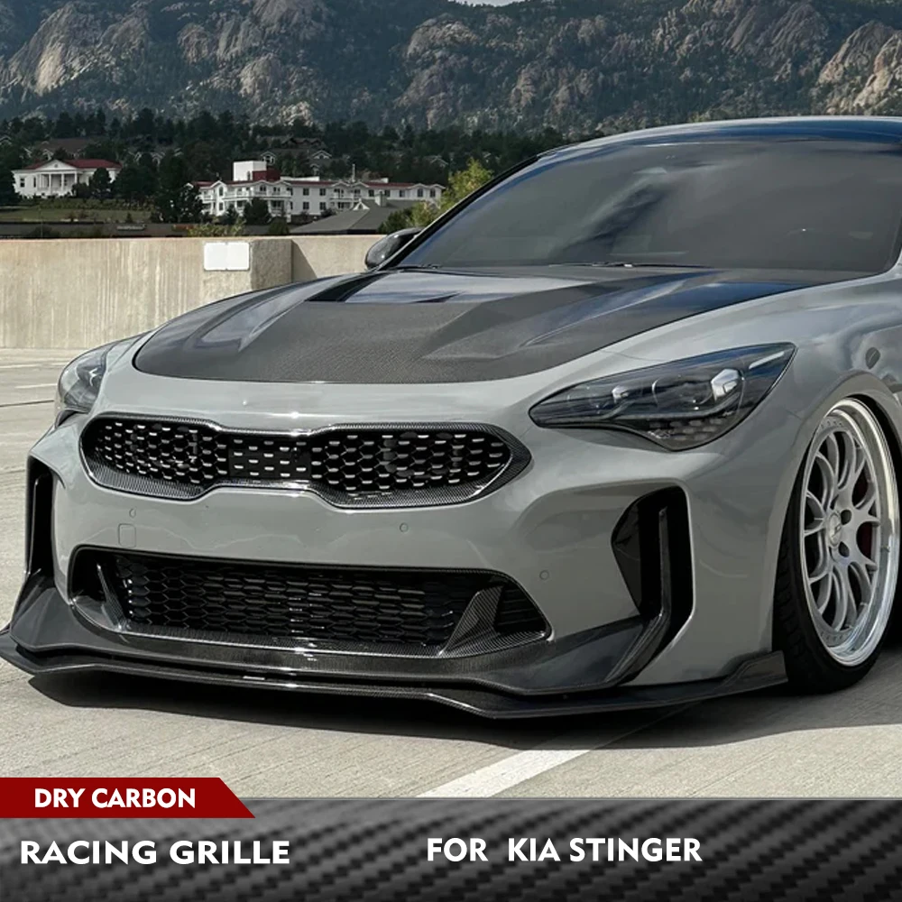 

Для Kia Stinger GT EX 2018-2022 сухой карбоновый передний бампер, гоночная решетка, передняя рамка, передний бампер автомобиля, центральная сетчатая решетка