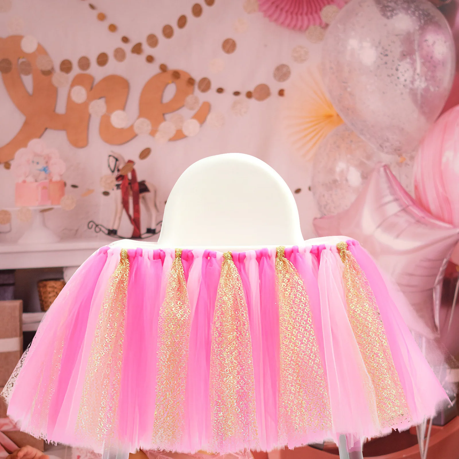 تنورة توتو للأطفال مصنوعة يدويًا من التول اللامع الوردي الوردي لحفلات الاستحمام كرسي مرتفع لتزيين كرسي مرتفع