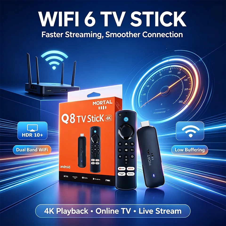 4K TV Stick Android 14 MORTAL Q8 HDR10 Streaming Dongle WiFi 6 Bluetooth 5 Google Voice Remote 2GB 16GB for Netflix YouTube