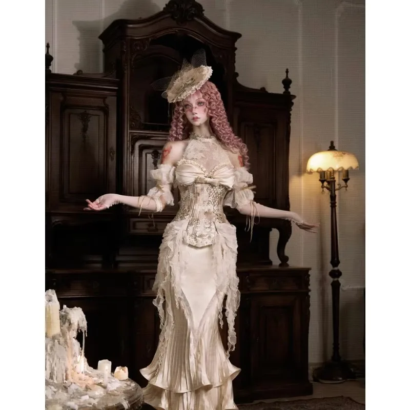 FallenVex Store Women Golden Retro Victorian Palace Long Pleated Trumpet Skirt Ruffles Formal Evening Party Mermaid Maxi Bottom