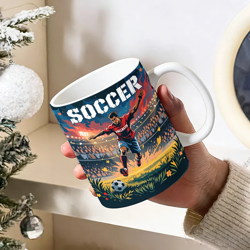 Epic Soccer Player Victory Mug, Stadium Cheering Crowd Fire Background Football Art Cup, Ultimate Fan Sport Aesthetic Coffee Mug