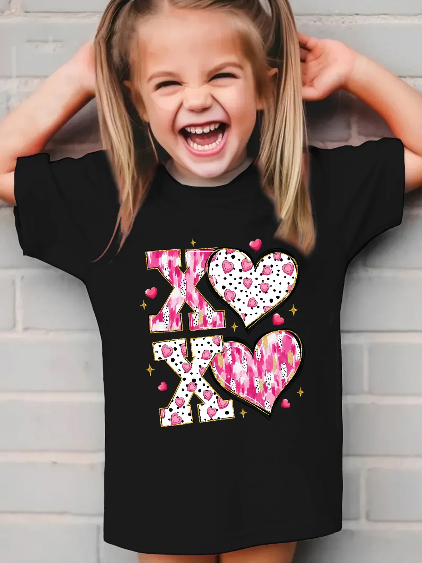 XOXO Pink Brushstroke Heart Graphic Tee For Little Girls Crew Neck Short Sleeve Love Theme Kids T Shirt