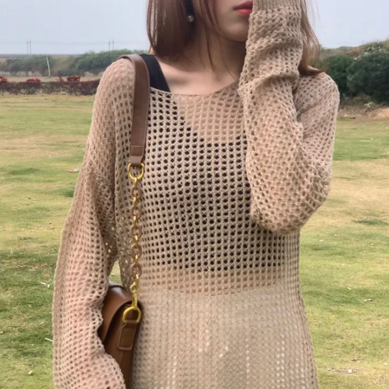 

Hollow Knitted Top Solid Color Loose Casual Sun Protection Blouse For Women