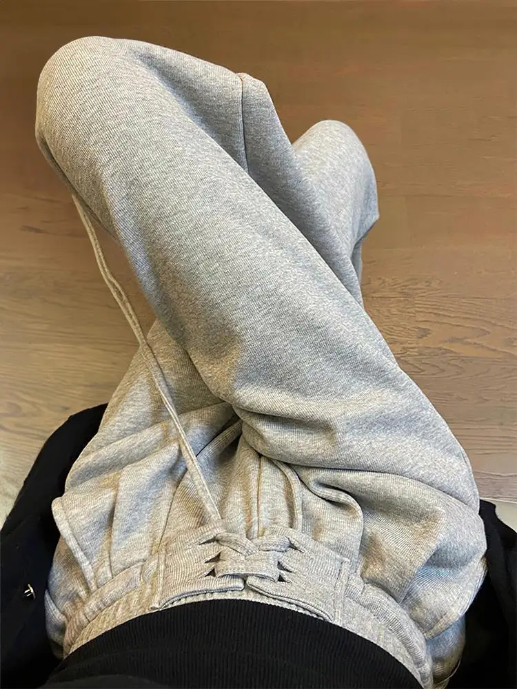 Grey Drawstring High Waist Loose Women's Casual Pants Autumn New Style Hiding Hip Sports Wide Leg Sweatpants