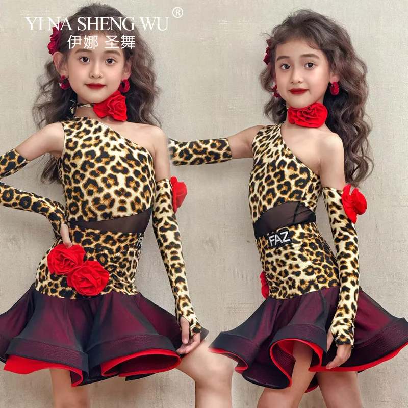 

Новое платье для латинских танцев для девочек, разделенный комплект с леопардовым принтом, детский профессиональный костюм для латинских танцев ча-ча, сальсы