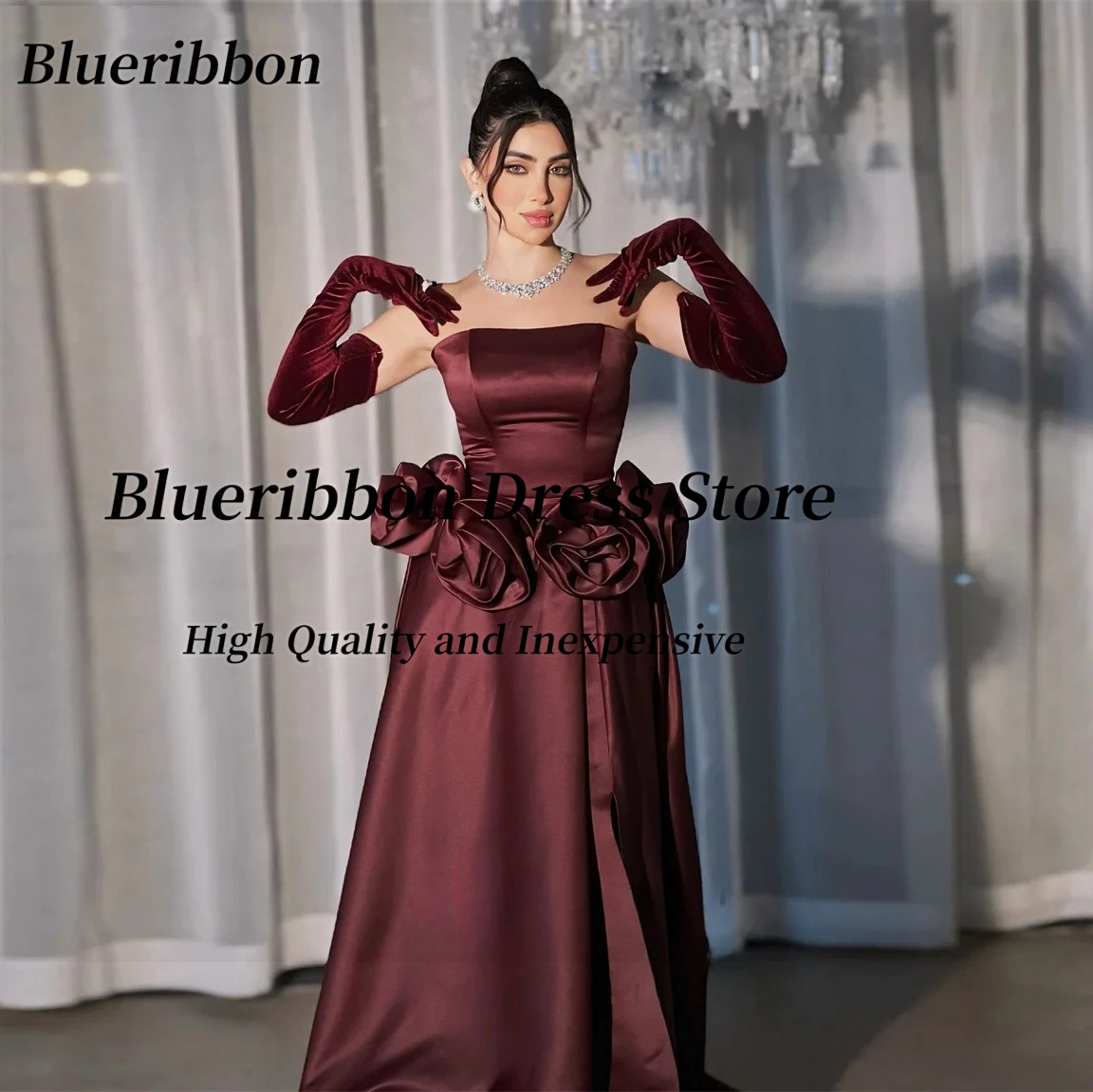 Blueribbon Saudi Women Wear Strapless Prom Dresses with Flowers Long Ruched Satin Evening Party Gowns Customized платье вечернее