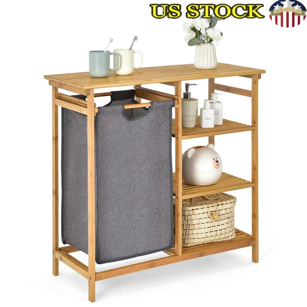 Bamboo Laundry Hamper Stand 3-Tier Shelves Removable Bag Multipurpose Utility Organizer Storage Cabinet Easy Assemble Strong