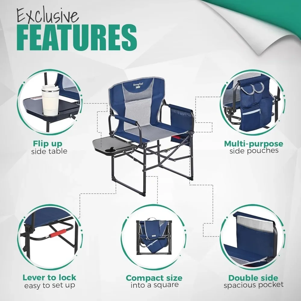 Camping Director Chair, Heavy Duty, Oversized Portable Folding Chair with Side Table, Beach Pocket, Fishing, Travel, Lawn