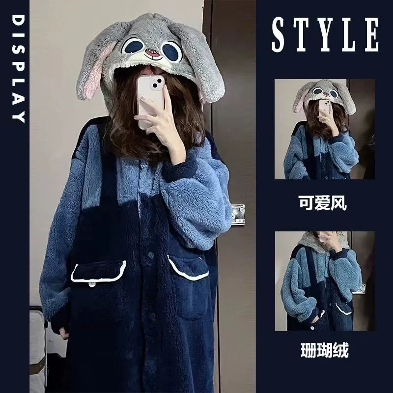 

Zootopia Judy Night-Robe Sleepwear Set Thick Warm Home Clothes Couple Autumn Winter Pajamas Nightgown Air Condition Blanket Gift