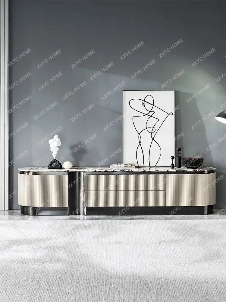 Minimalist light luxury natural marble TV cabinet Modern villa living room solid wood luxury stone floor cabinet