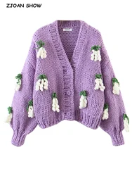 2022 Retro Hand Made Crochet 3D Fruit Ball Cardigan Woman V neck Long sleeve Knitting Coarse Sweater Knitwear Jumper Purple