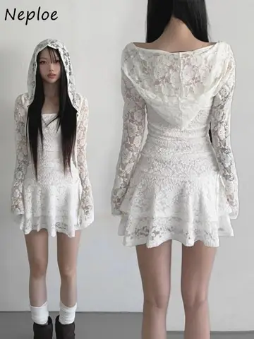 Neploe Trendy New Streetwear Personalized Cardigan Vintage Rose Lace Hollow Out Hoody Short Mujer Long Sleeve Lace Up Moda Smock