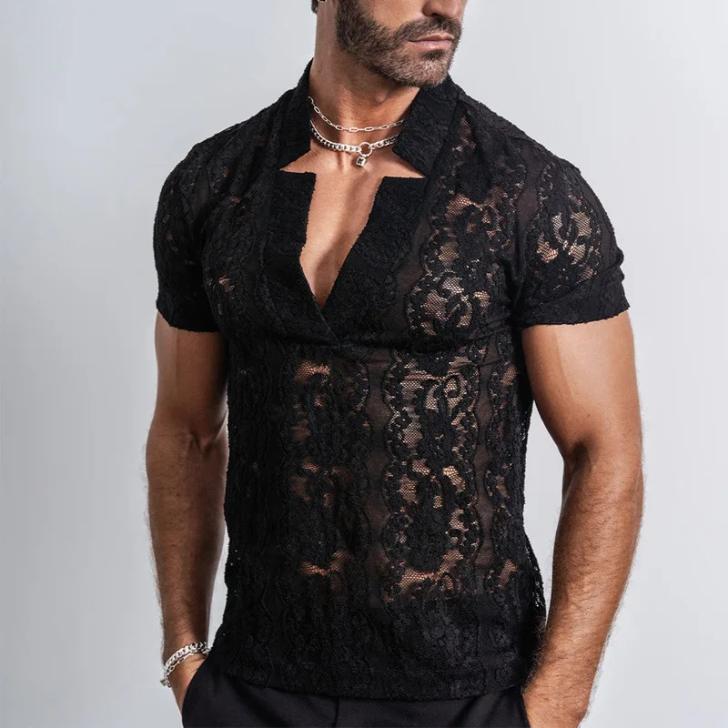 Mens Spring Casual Perspective Shirt Slim Fashion Short Sleeve Sexy Lace Shirt Male