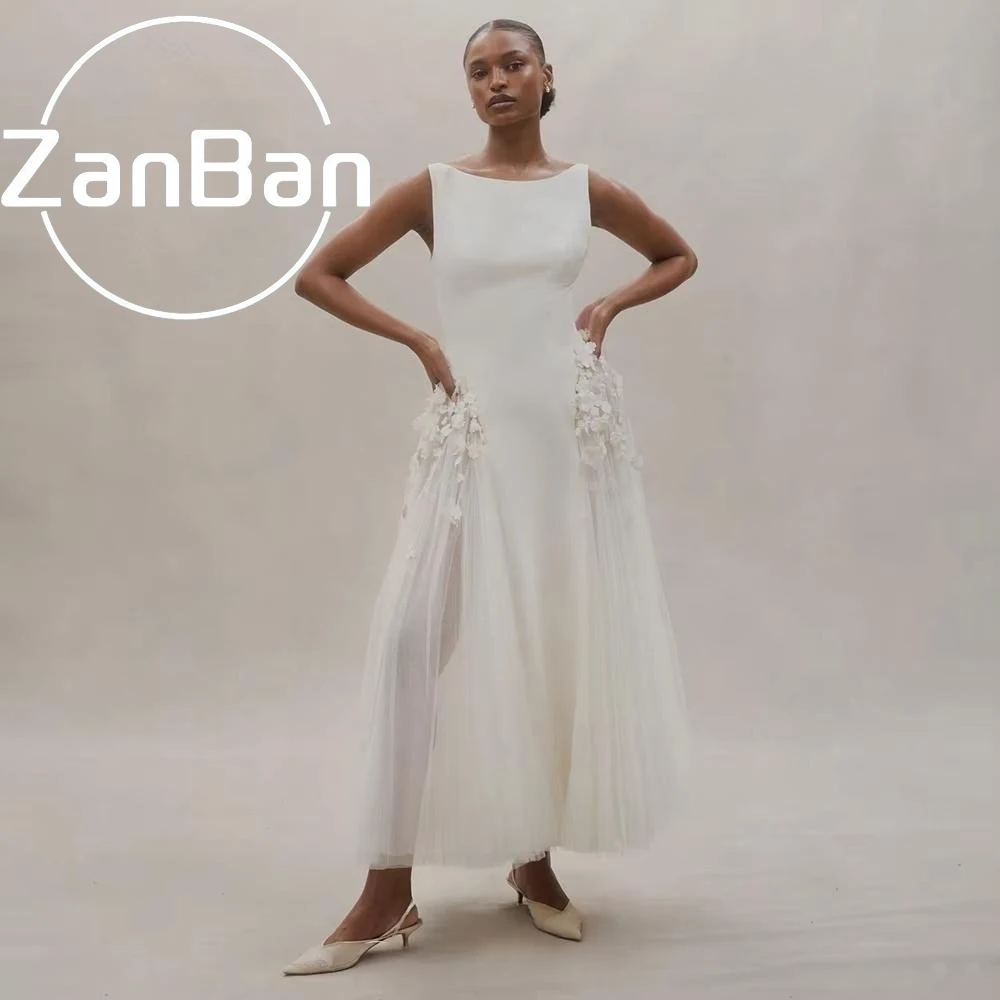 ZanBan Soft Romantic Boat Neck Wedding Dress for Women Abito Da Sposa Floral Appliques A Line Bridal Gown with Tulle Midi Skirt