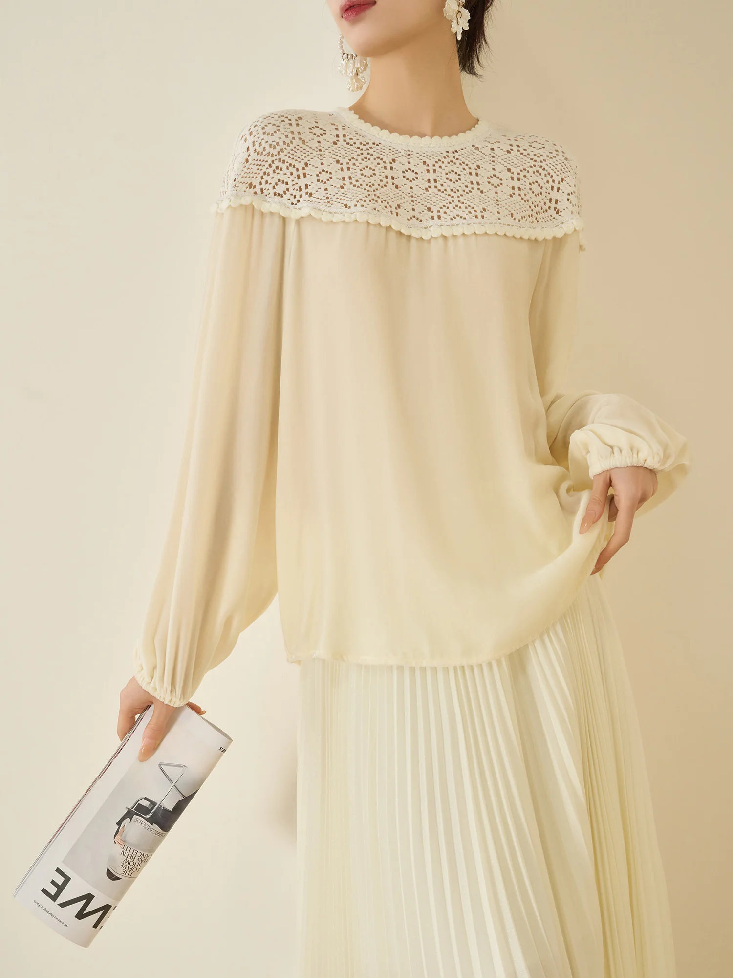 

Ele Lace Splicing Hook Flower Design Women's irt Flowing Era Sli Casual Faion Polyester Fiber Long Sve round Ne