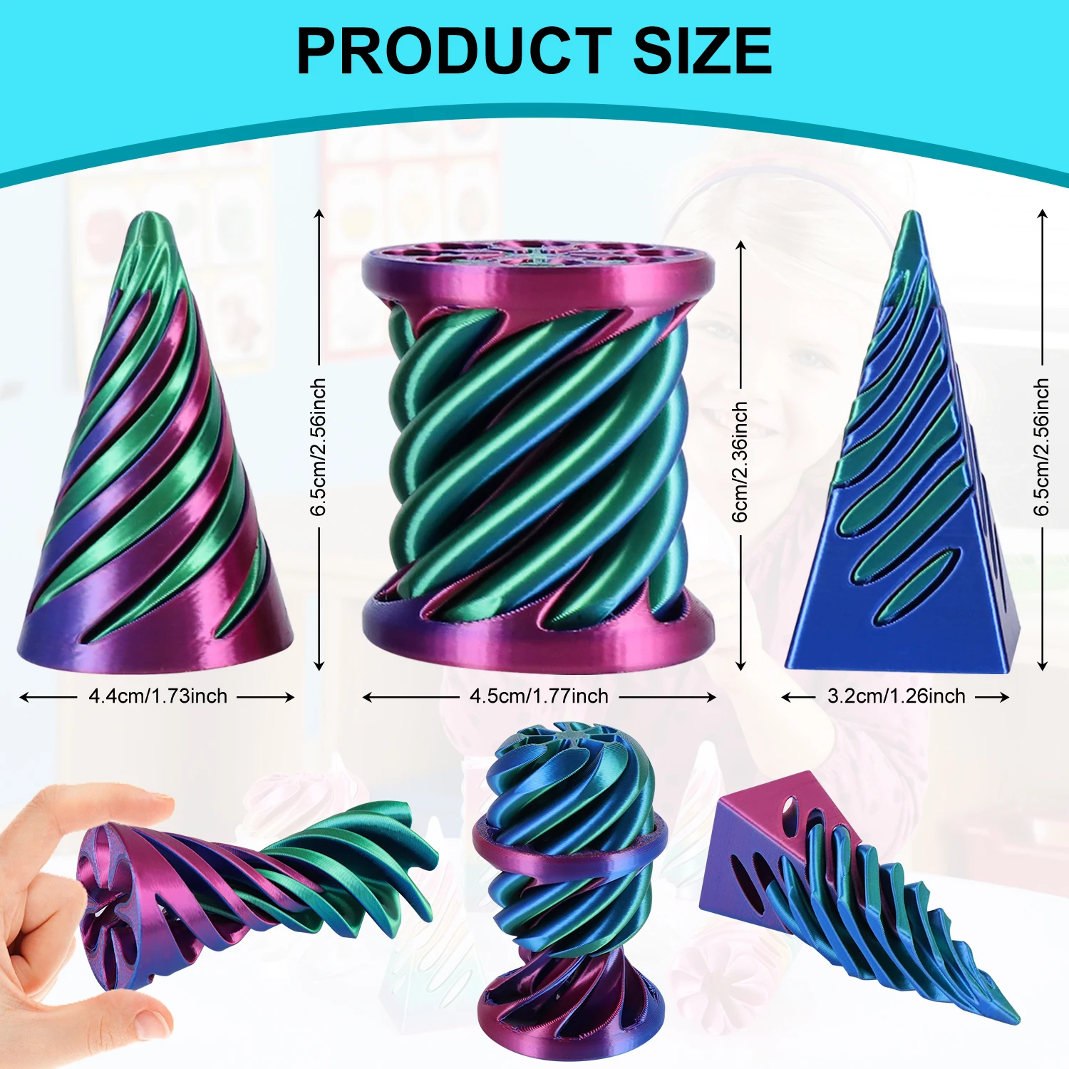 3 Pack Spiral Cone Fidget Toys 3D Printed Impossible Passthrough Pyramid Pillar Helix Screw Toys for Anxiety Relaxing