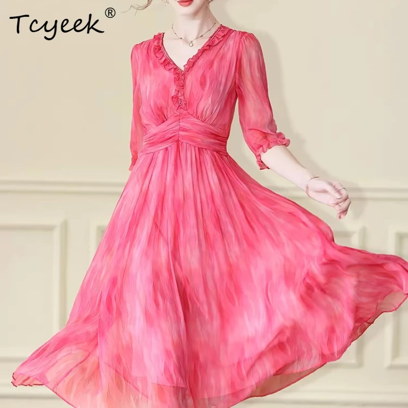 

Tcyeek Высококачественное длинное платье из 100% натурального шелка тутового шелка, женская одежда весна-лето 2026, элегантные женские платья с принтом Платье Женское