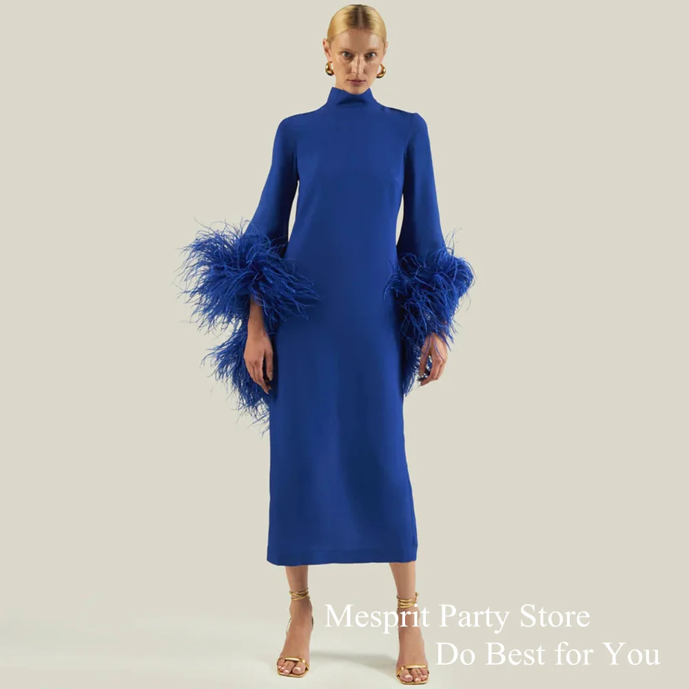 Feathers Evening Dress High Neck Customized Tea Length Jersey Straight Royal Blue Prom Gown Back Slit Daily Party Dresses