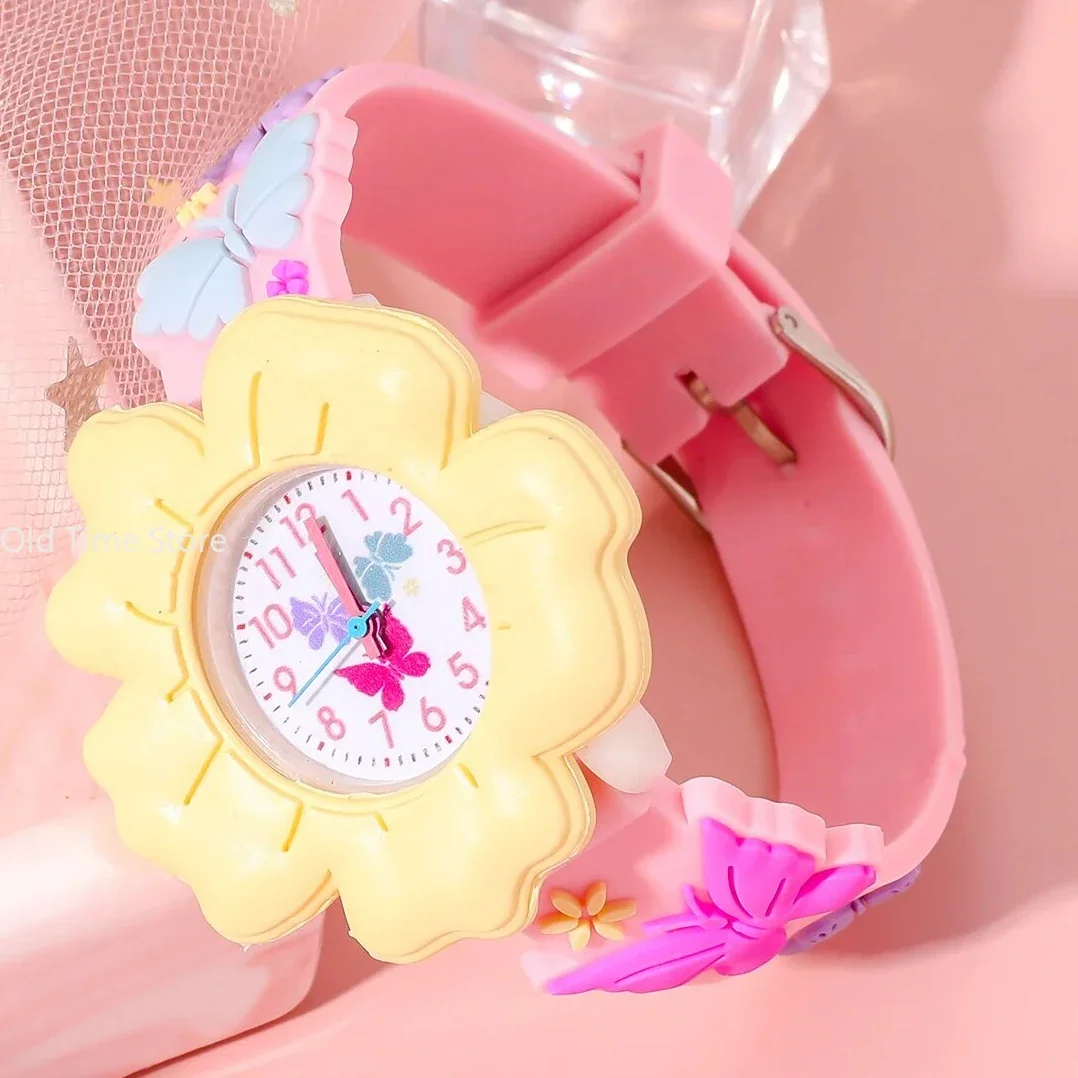 Reloj de dibujos animados de flores y mariposas para niños, patrón 3D, PVC, adhesivo suave, amigable con la piel, reloj de aprendizaje para niños, nuevo