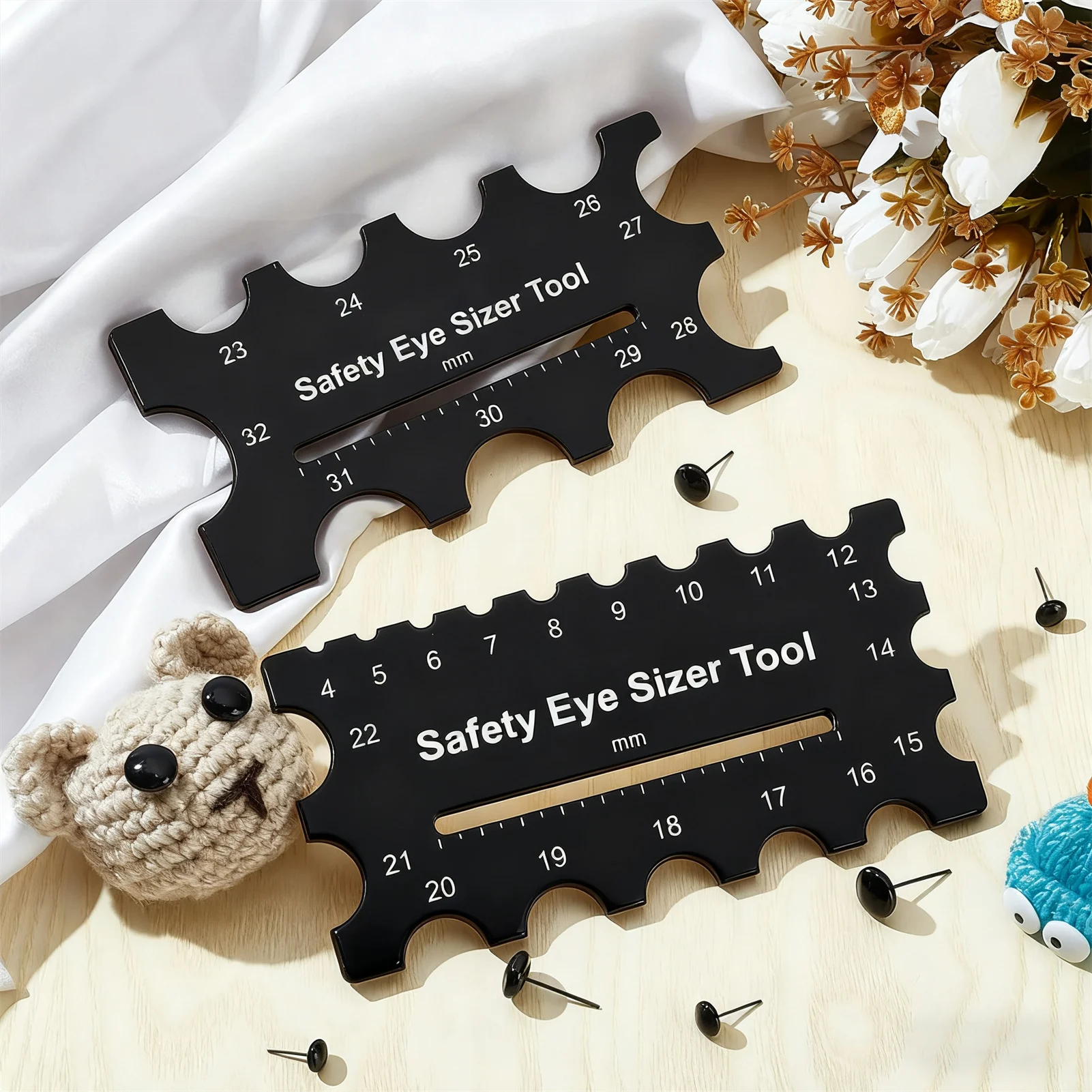 2 Paket Alat Pengukur Mata Kayu untuk Keamanan, Diameter 4-32mm, Penggaris untuk DIY Rajutan Amigurumi, Pembuatan Boneka Plush, Alat Ukur untuk Pertukangan Kayu