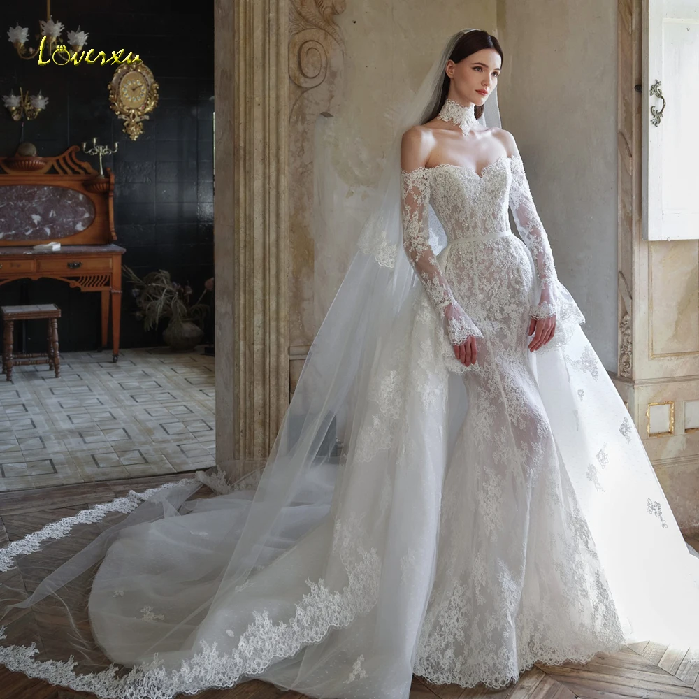 Loverxu Mermaid Wedding Dresses Sweetheart Off The Shoulder Vestido De Novia Lace Embroidery 2 In 1 Custom Made Bridal Gown