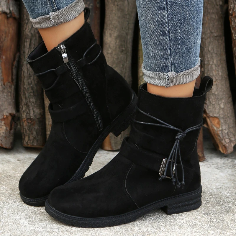 

Women's Round-toe Side Zipper Low-heeled Plus-size Ankle Boots Flat Sole Buckle Suede High-top Shoes Retro Casual Shoes