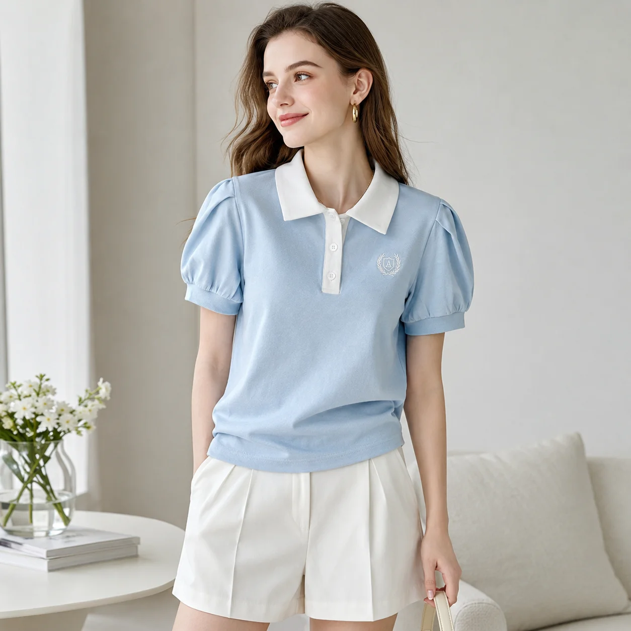 Women Puff Sleeve Polo Shirt Contrast Collar Embroidered Crest Short Sleeve Preppy Casual Summer Top