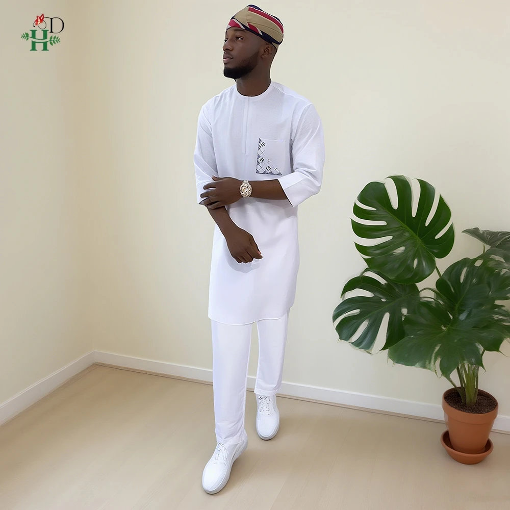 

African Top And Pant 2PCS White Sets For Men Embroidery Shirt Africa Daily Wear Traditional Wedding Party Plus Size Clothes 2025