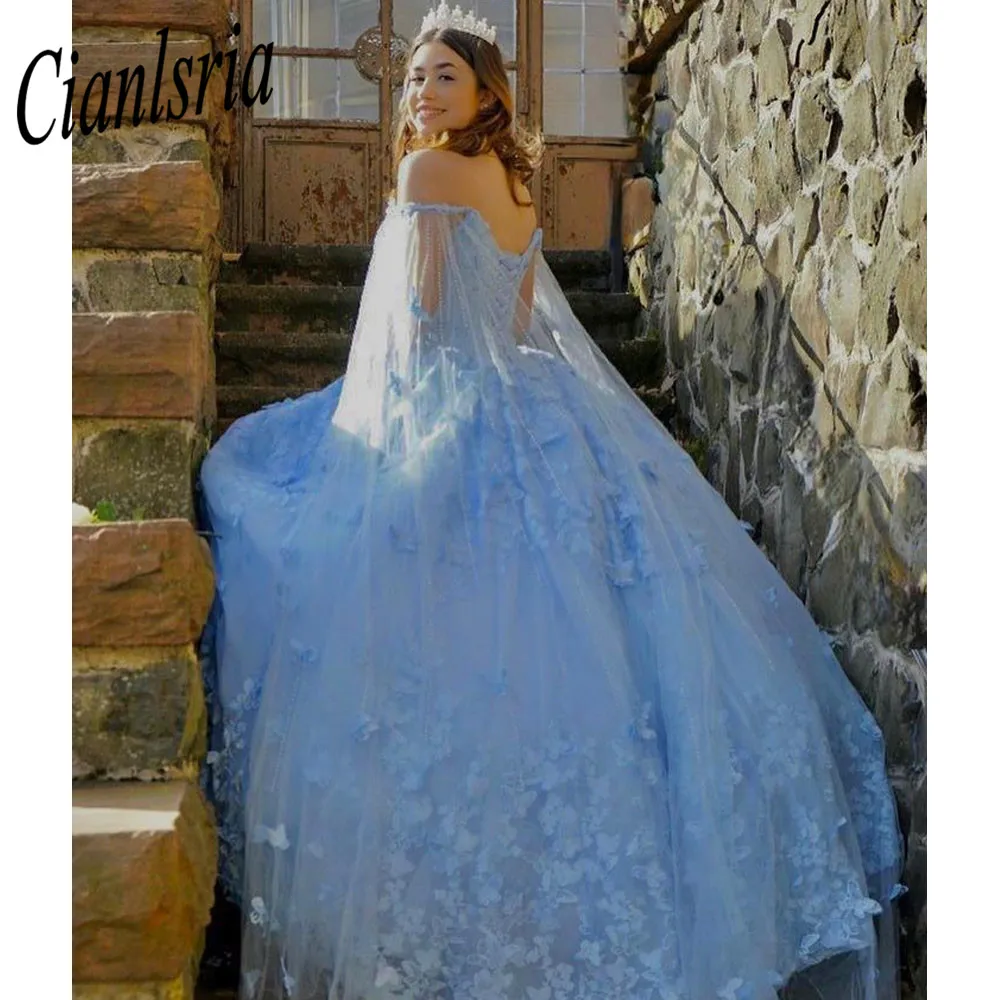 2023 Sky Blue Cinderella Quinceanera Dresses Sweetheart Appliques Ball Gown Two Pieces Custom Made платье на выпускной